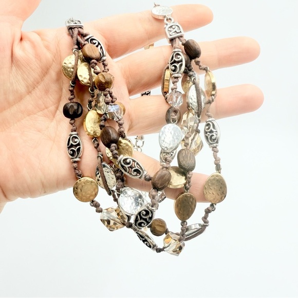 BRIGHTON Rivera Gold Silver Hammered Disk Crystal Brown Multi Cord Necklace - Picture 2 of 7